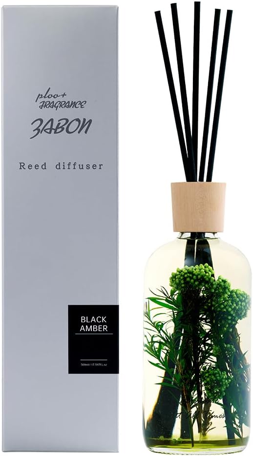 プルプラ ZABON リードディフューザー ルームフレグランス 500ml 大容量 約6ヶ月分 芳香剤 スティック付き ドライフラワー ハーバーリウム (ブラックアンバー)