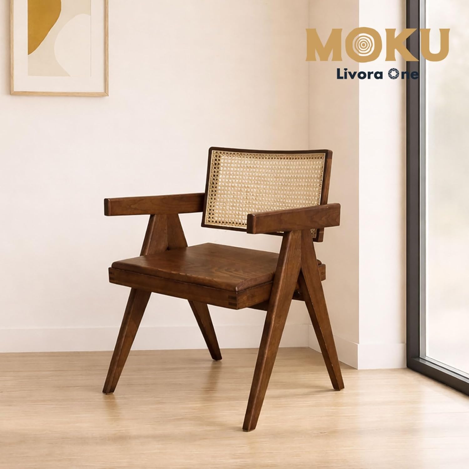 MOKU ダイニングチェア (肘付き) P805 北米FAS級ワイトアッシュ無垢材・ラタン使用 高級天然木椅子 (ウォールナットブラウン) サムネイル