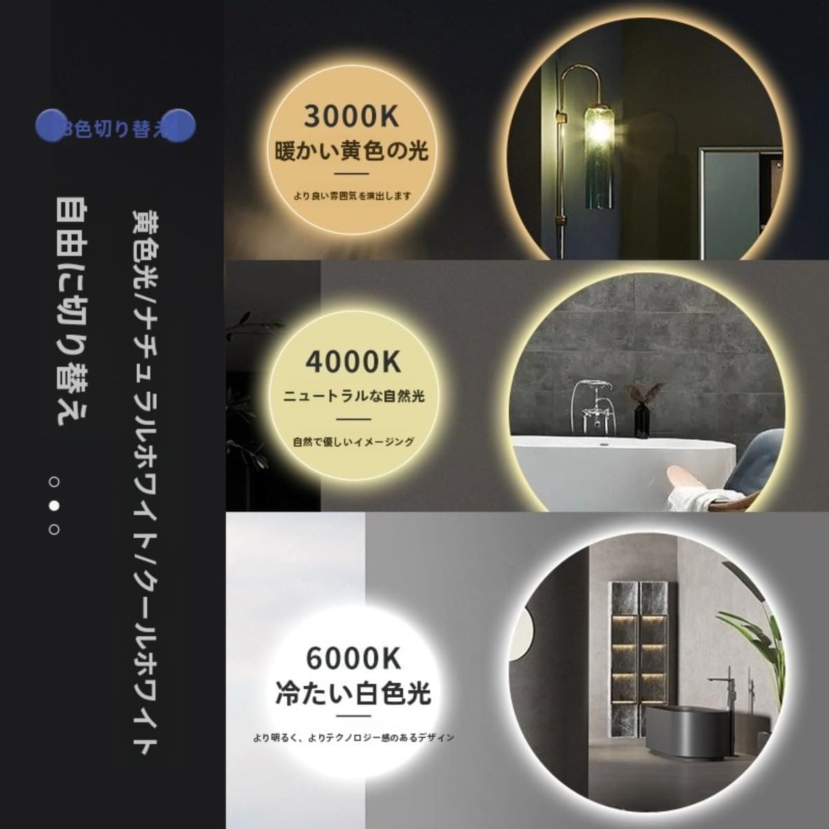 バックライトミラー 壁掛け鏡 フレームレス バスルーム 丸型 洗面鏡 バニティ壁掛け おしゃれ モダン 浴室 洗面所 ベッドルーム バックライト 曇り対策 ウォール化粧鏡 ラウンド 北欧風 インテリア洗面台間接照明付き 安全ライトストリップ 玄関 寝室 ホテルライク 防水 壁面 (白色光,90cm) サムネイル