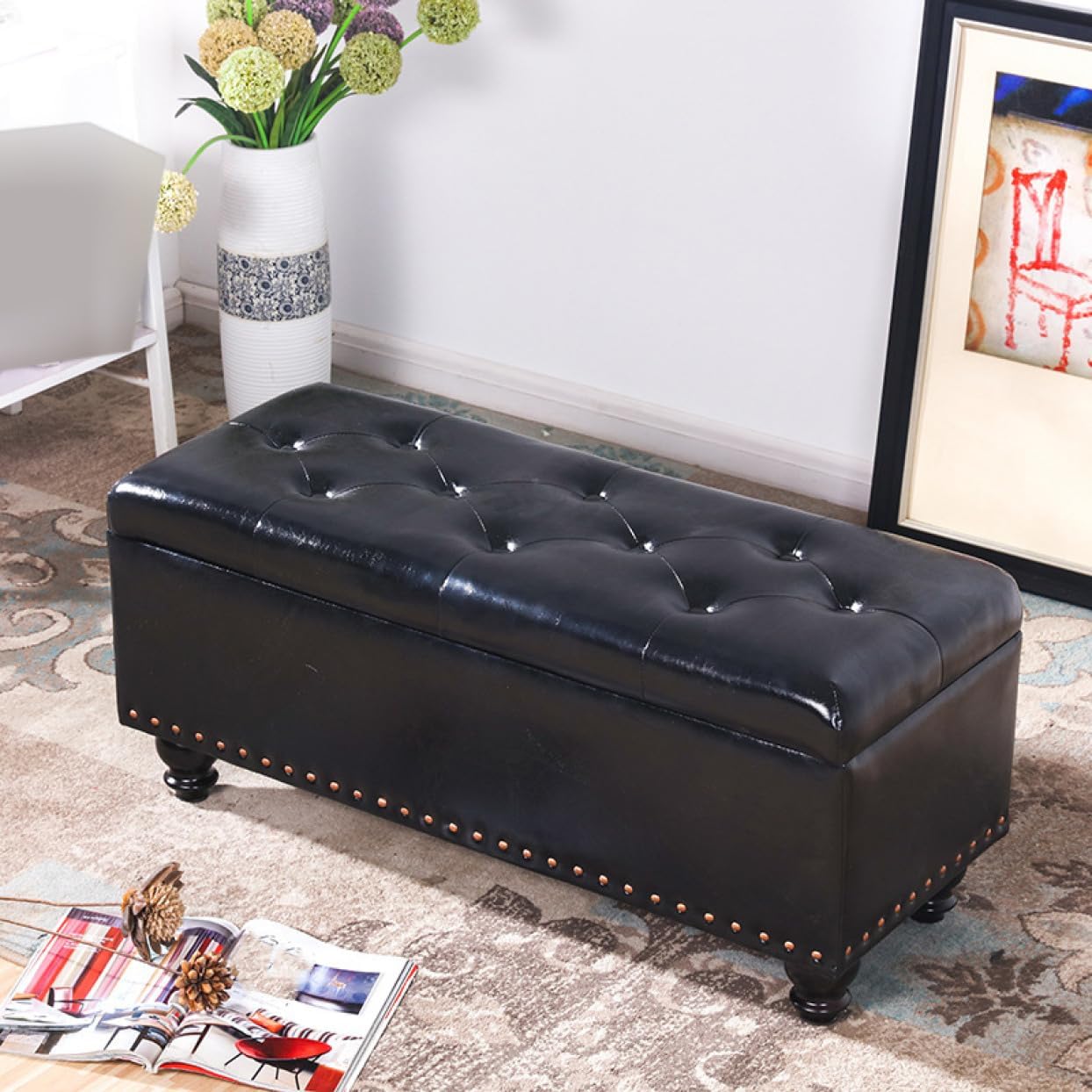 THLD スツール 収納 60*40*43cm オットマン チェア チェアー 椅子 イス いす 収納付き 蓋 収納ボックス 正方形 ブラック ボックス収納 収納スツール フタ付き ボックス椅子 おしゃれ ボックス シンプル 座れる 玄関 ファブリック 合皮 収納箱 収納チェア