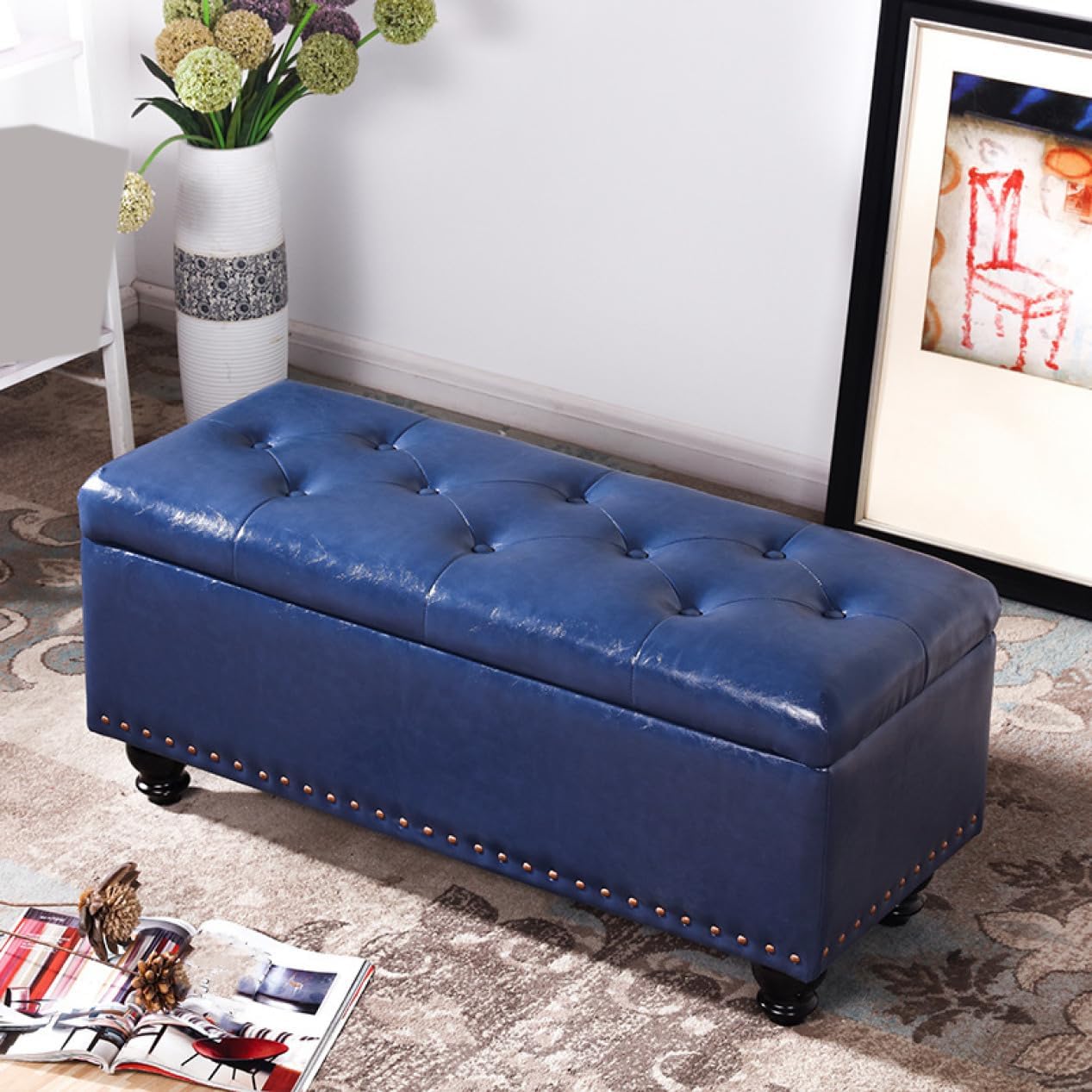 THLD ベンチ ソファ ダークブルー 収納付 60*40*43cm スツール ボックス ベンチソファ ベンチソファー オットマン ソファー 収納 椅子 イス いす 蓋つき 収納ボックス トランクベンチ ボックススツール トランク 収納スツール リビング収納 おしゃれ