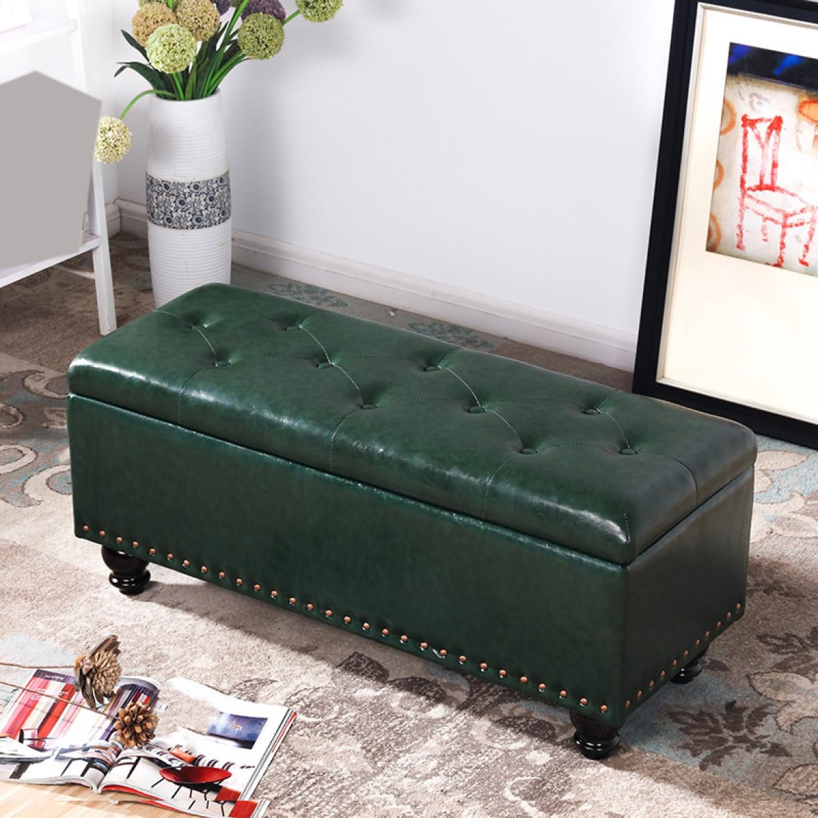 THLD スツール 収納 踏み台 オットマン 収納スツール 収納ボックス 収納ケース 60*40*43cm ステップ台 足置き 収納箱 グリーン1 足置き台 腰掛け 化粧スツール 玄関スツール おしゃれ クッション ドレッサーチェア 座る心地良い 座れる収納ボックス リビング