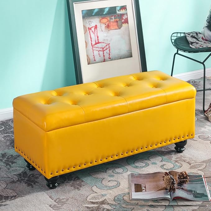 THLD 収納 スツール 60*40*43cm ボックス スツール 収納スツール ベンチソファー イエロー 椅子 イス ベンチ ボックス 1人掛け ソファー チェア ローソファー ローソファ PUレザー ファブリック ソファ フロアソファ ボックススツール チェア リビング 玄関 サムネイル