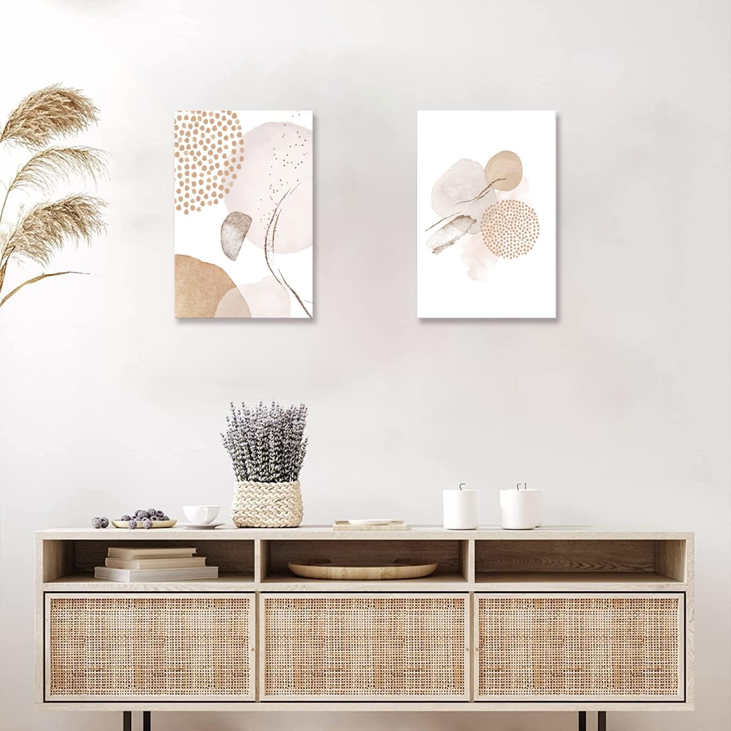 壁掛け 北欧 植物 木 ベージュ 抽象 絵画 2枚 額付き モノクロ アートポスター 部屋 装飾 壁絵 木枠付きの完成品 (30x40cm x2Pcs) サムネイル