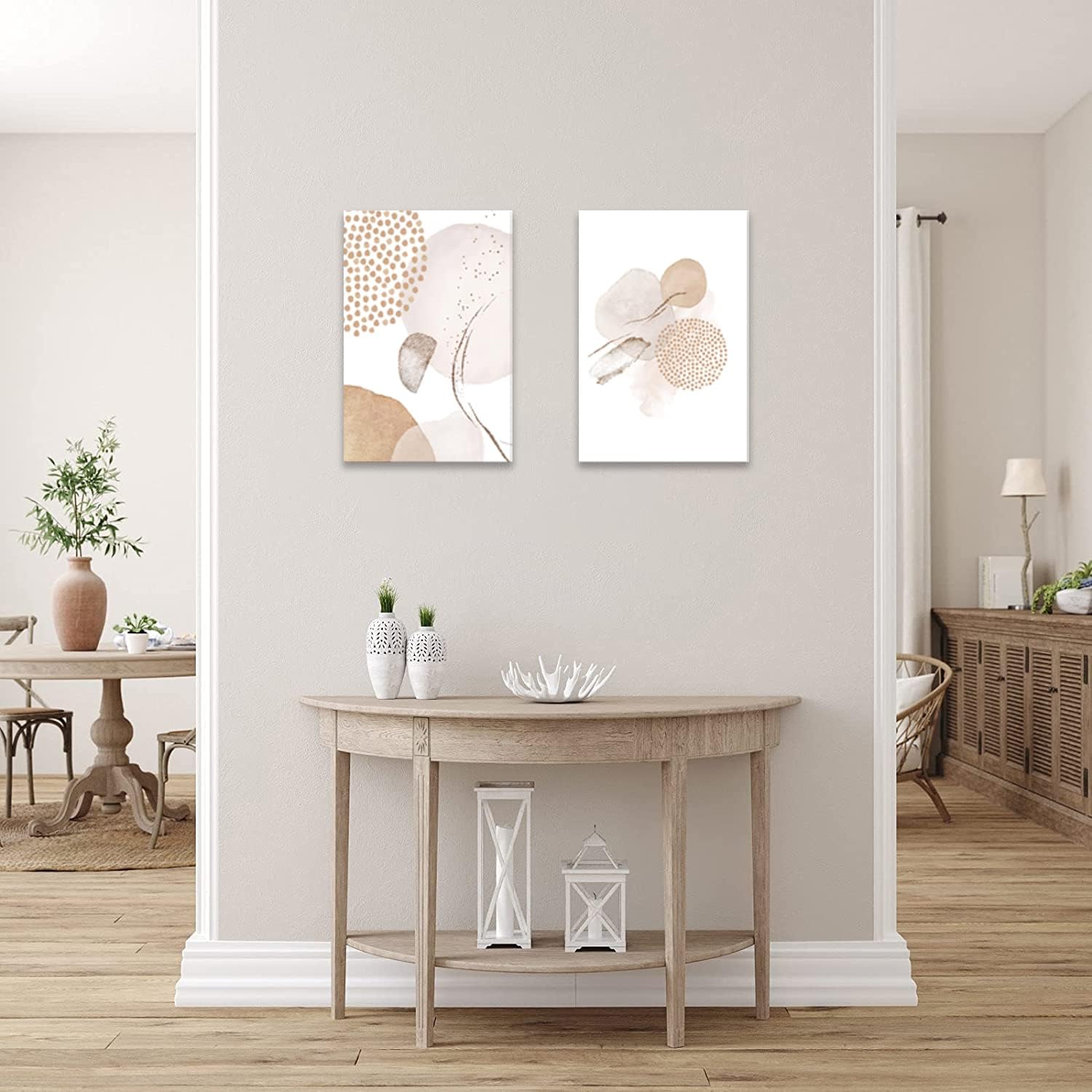 壁掛け 北欧 植物 木 ベージュ 抽象 絵画 2枚 額付き モノクロ アートポスター 部屋 装飾 壁絵 木枠付きの完成品 (30x40cm x2Pcs) サムネイル